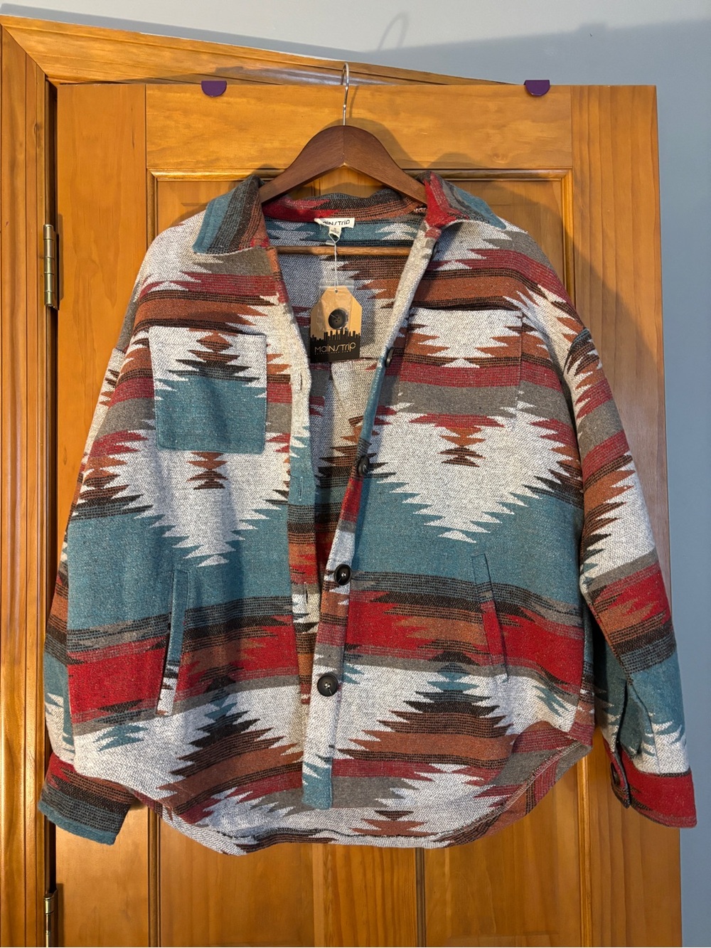 Main Strip Aztec Pattern Button-Front Cardigan Jacket in Teal, Red, Brown